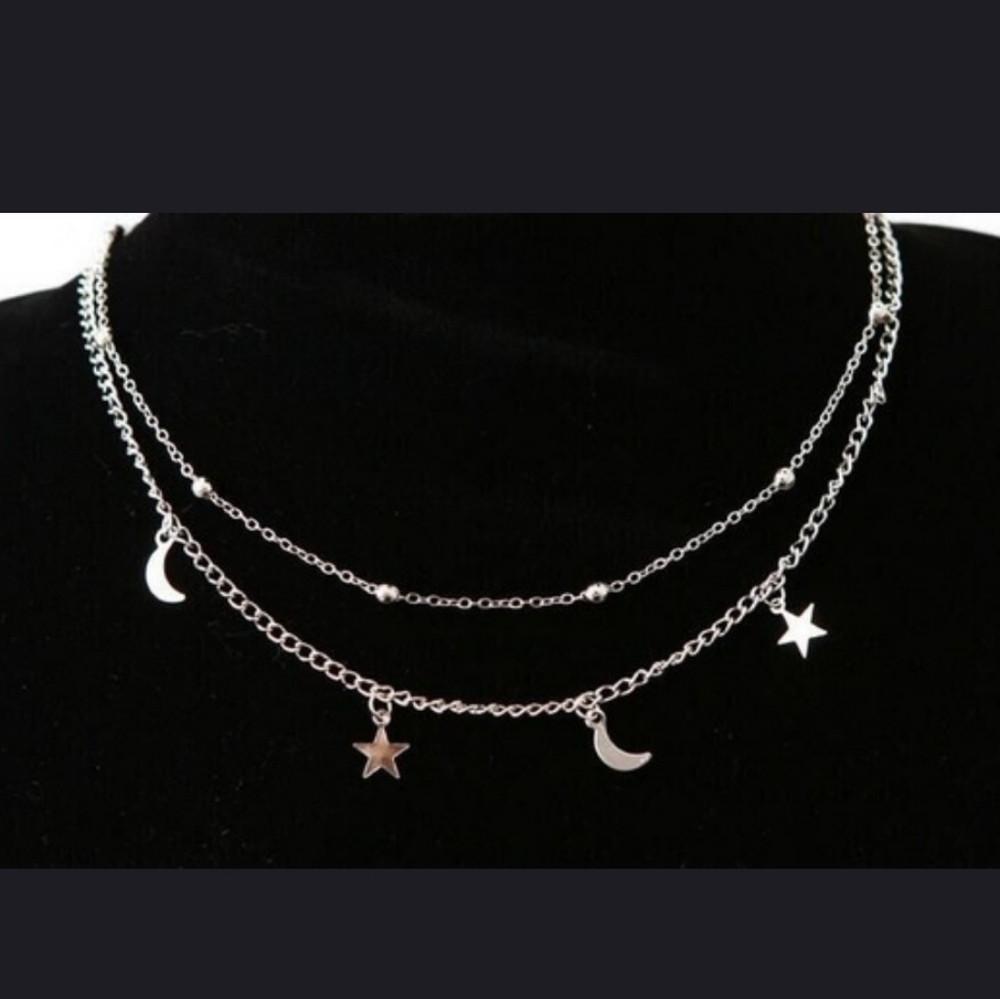 Star moon silver layered bead necklace..NWT